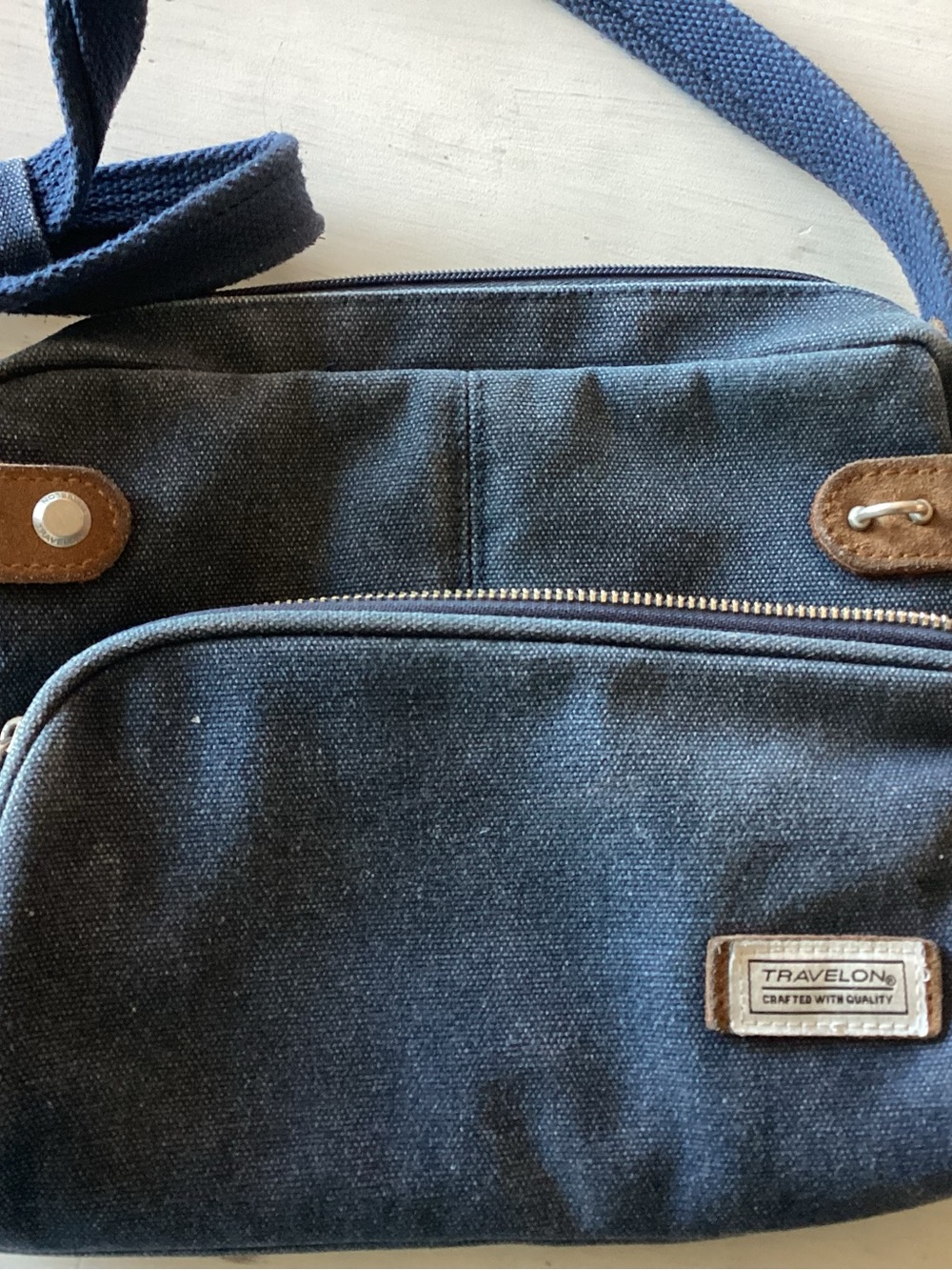 Travelon Navy Canvas Crossbody Bag with Brown Accents